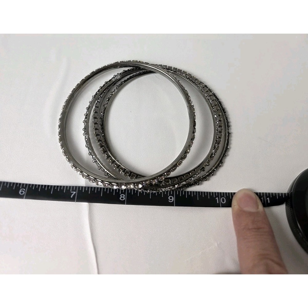 Gunmetal Rhinestone Bangle Bracelet Set 4 Piece Clear Crystal Dark Grey Tone - Picture 2 of 2